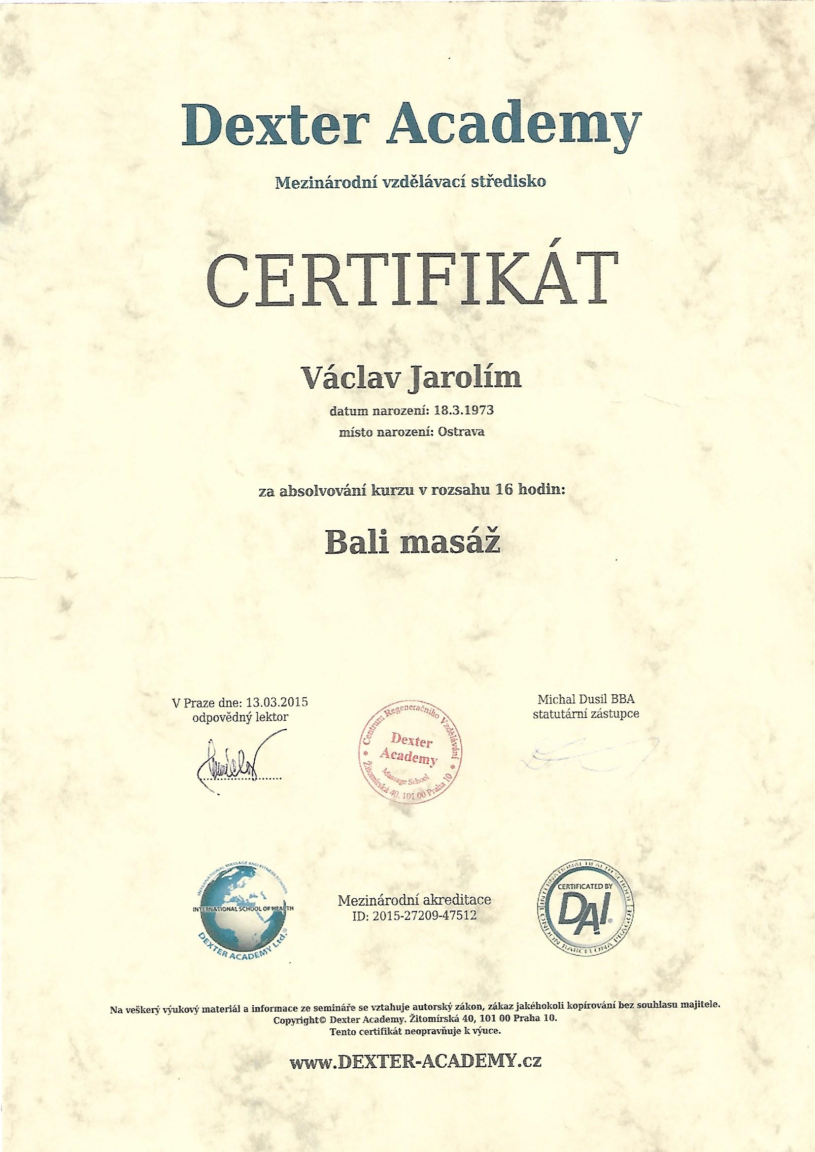 Certifikát - Bali masáž
